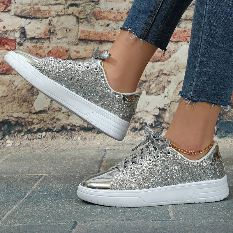 Glitter Sequin Design Flats Shoes Women Trendy Casual Thick-soled Lace-up Sneakers Fashion Skateboard Shoes - Bellarte Enchanté Glitter Sequin Design Flats Shoes Women Trendy Casual Thick-soled Lace-up Sneakers Fashion Skateboard Shoes